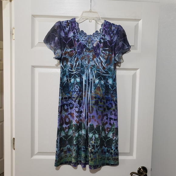 ONE WORLD Multicolor Floral Dress Y2K Sublimation Fairy - Picture 1 of 4